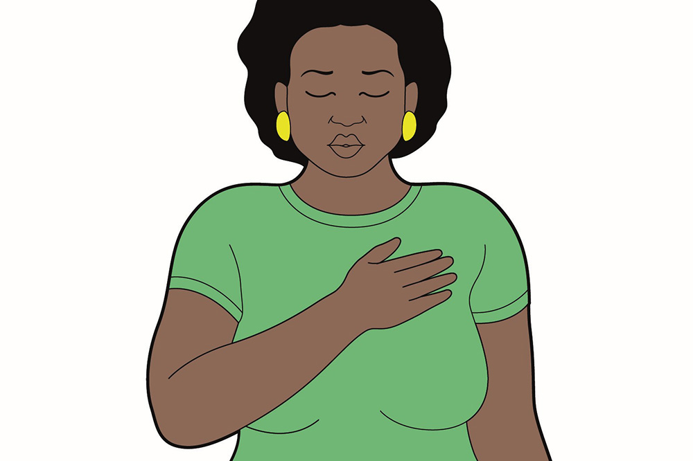 An illustration of a woman with a hand to her chest in pain.