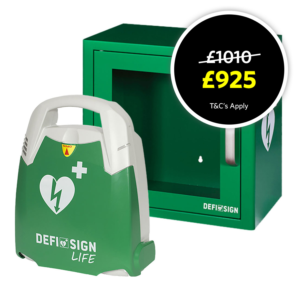 DefiSign Life Fully Automatic Defibrillator and Cabinet Bundle.