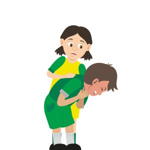 Child doing abdominal thrusts on a child who is choking.
