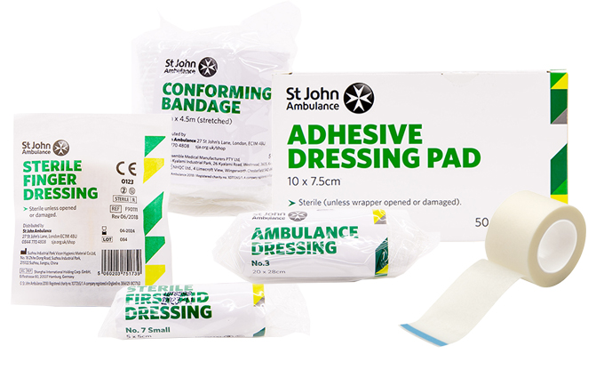 First aid dressings, bandages and tape