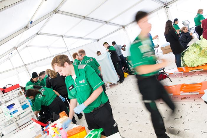 Volunteers working in the SJA medical tent at the Royal Parks Half Marathon